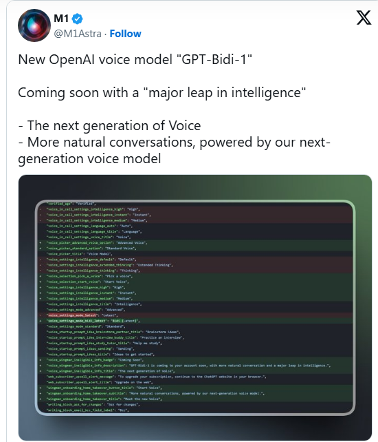 OpenAI被曝正筹备发布新一代双向语音模型“GPT-Bidi-1”配图