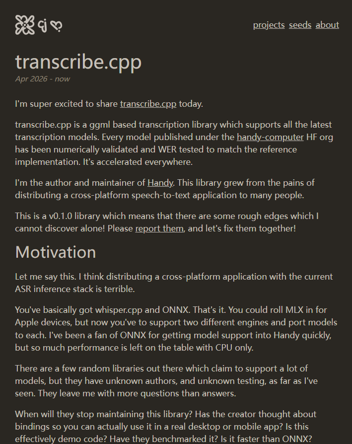 嫌whisper.cpp和ONNX不够用?Handy作者开源transcribe.cpp:60+转录模型、GPU加速、即插即用替代配图
