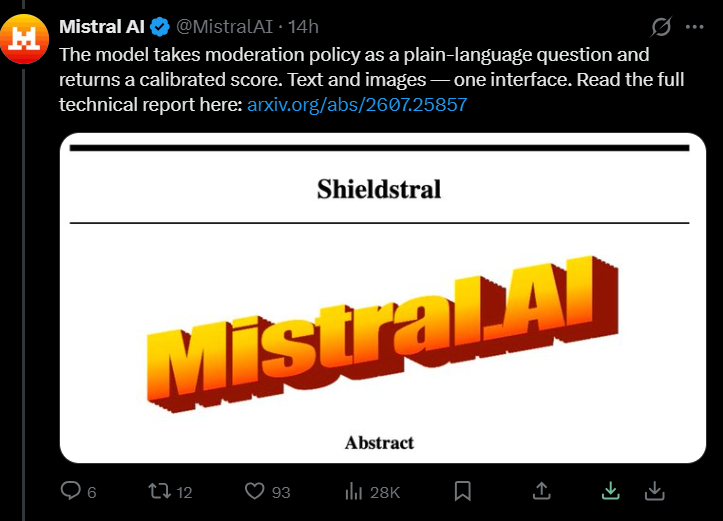 Mistral 推出 Shieldstral:3B 小模型单卡 16GB 跑起多模态审核,号称拿下开源 SOTA配图