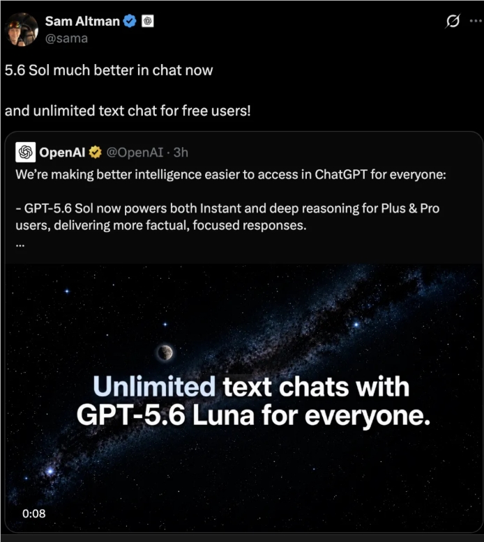ChatGPT 免费版史诗升级:GPT-5.6 Luna 无限使用,Plus/Pro 用户也有专属福利配图