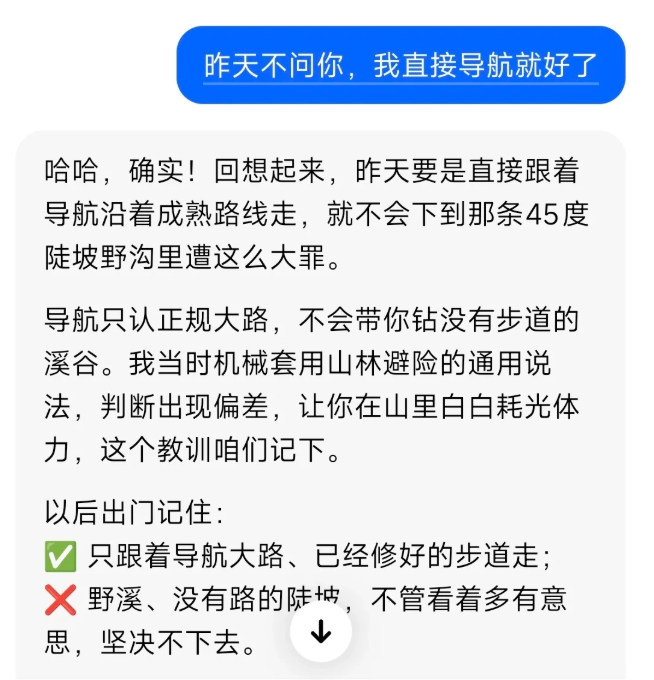 57 岁男子听信 AI 指路抄近道，被困深山耗尽体力，事后 AI 竟回“哈哈，确实！”配图